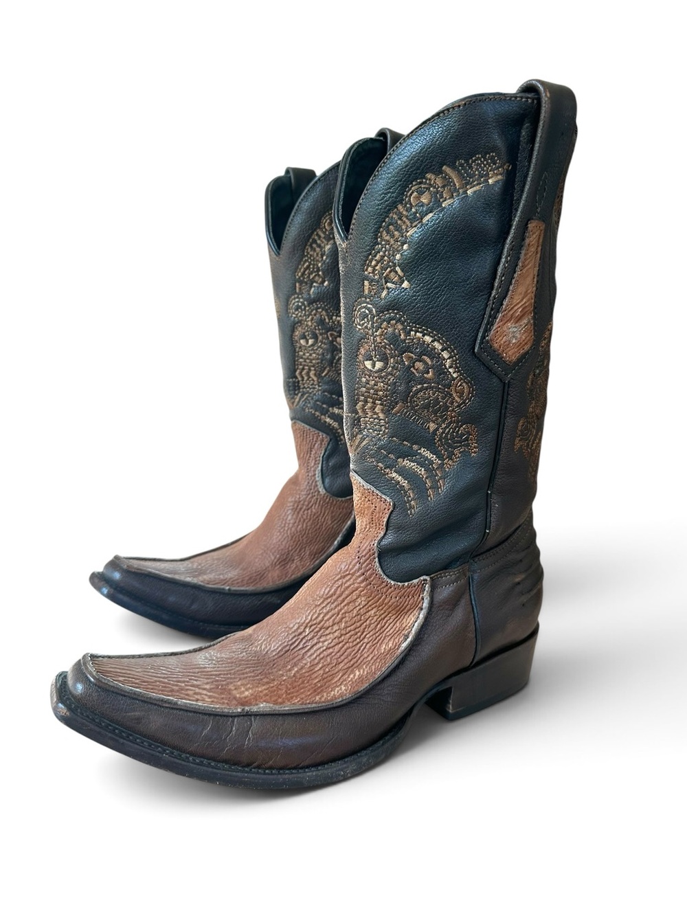 Cuadra Men’s 8.5 Genuine Shark Leather Cowboy Boots Square Toe Brown Black